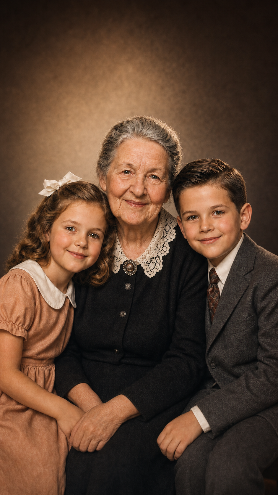 Illustrative clear three-generation family portrait after restoration